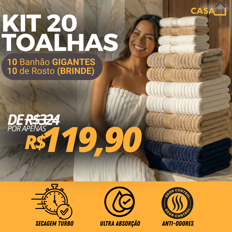 CloudSoft™ – Toalha Premium Algodão Turco | Kit 10 Banhão + 10 Rosto (BRINDE)